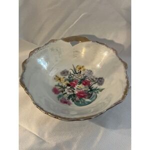 Vintage Iridescent Porcelain Floral Bowl Scalloped Gold Trim Handle 7.5 Inch